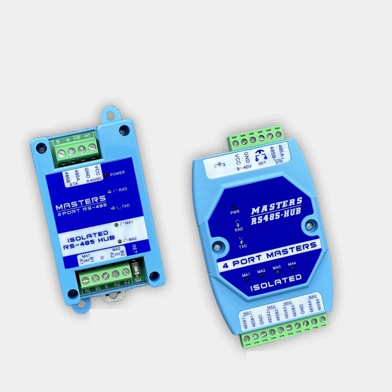 Dual master, single slave, multi-slave caching rs485 hub with opto-isolated repeater, quad host, industrial grade