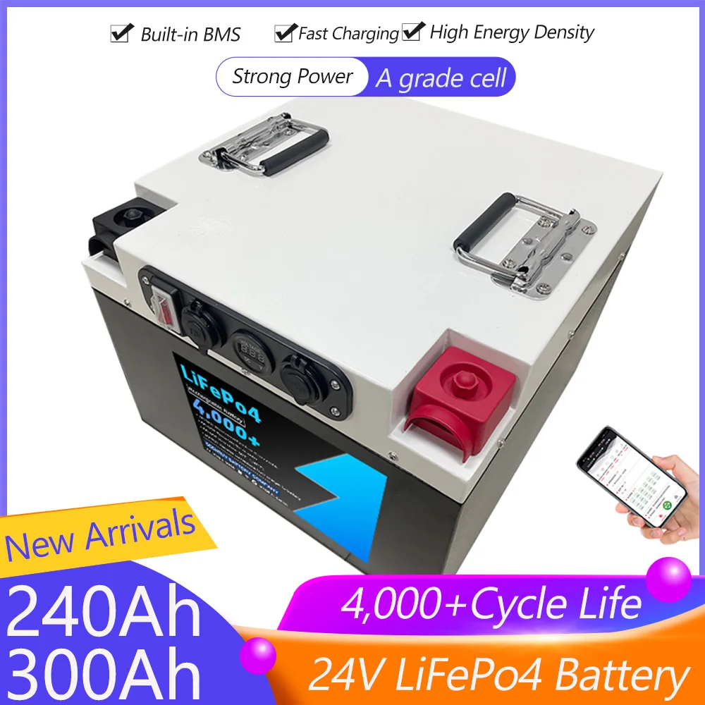 LiFePO4 24V 300Ah 240Ah 100Ah Battery Pack 25.6V 7200Wh Grade A 4000+ Cycles RV Golf Cart Boat Solar Rechargeable Battery