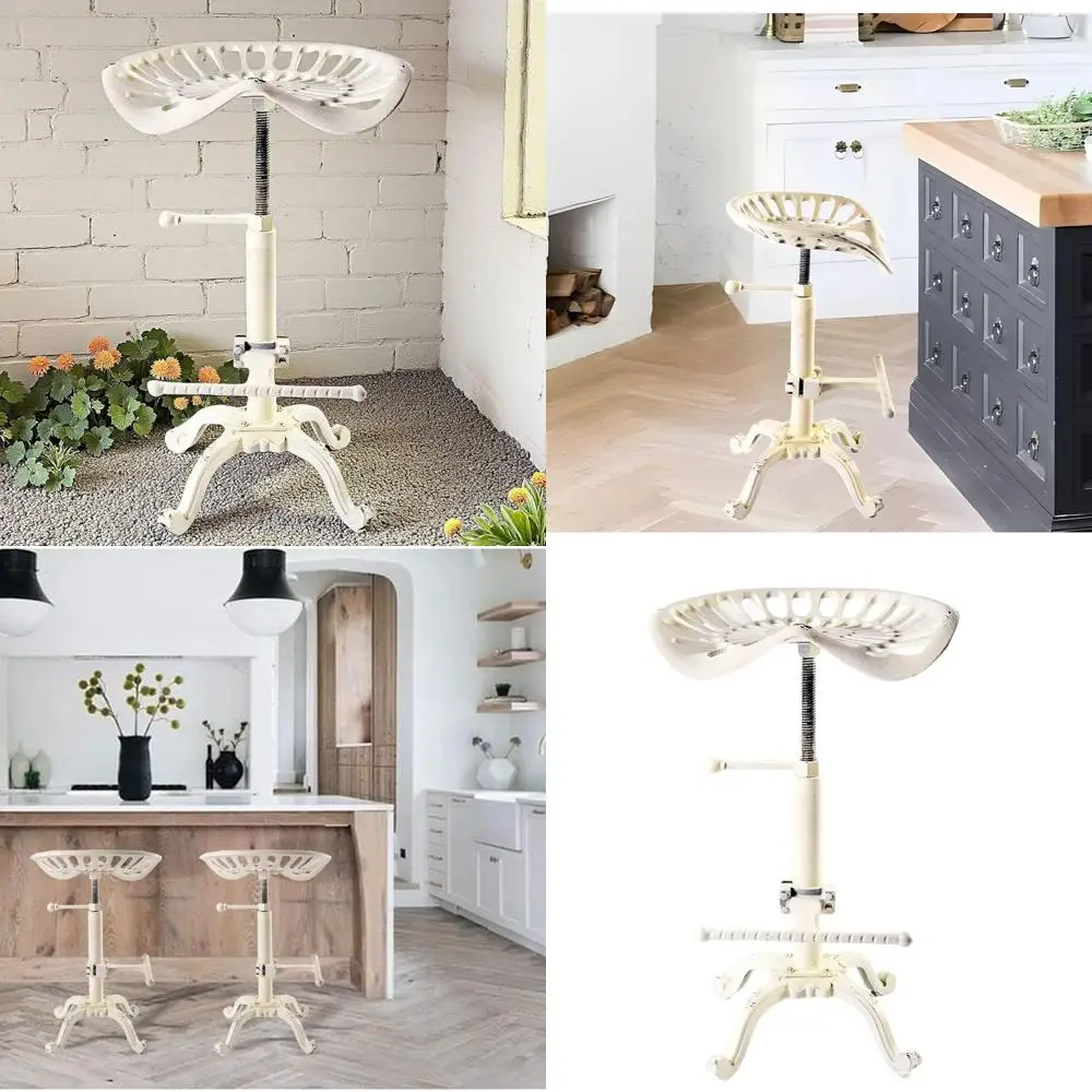 

Adjustable Height Rustic Farmhouse Bar Stool with Cast Iron Seat, Aged White, 21.65-27.56in
