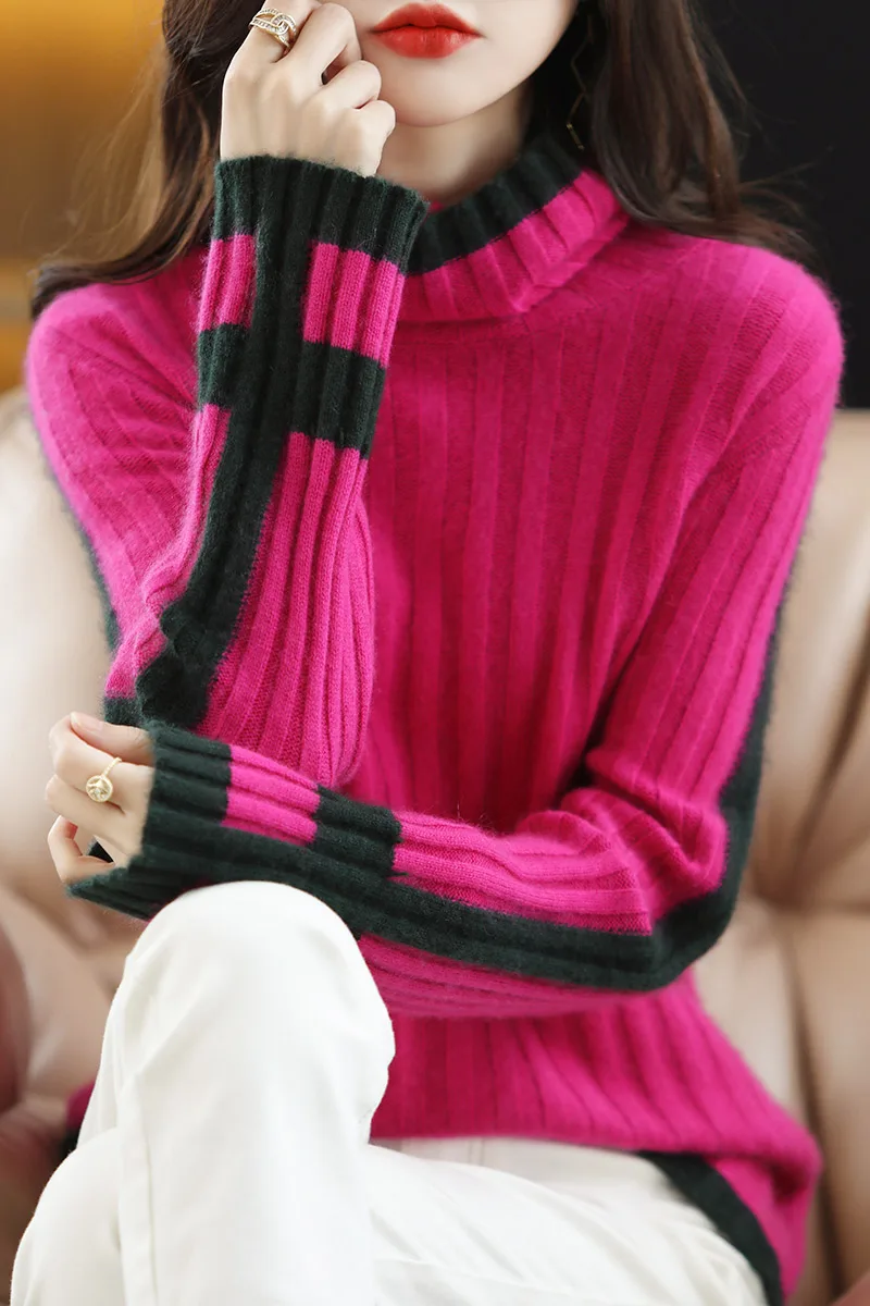 2023 Autumn/Winter New 100% Cashmere Sweater Women's Contrast Color High Neck Pullover Loose and Lazy Bottom Woolen Sweater