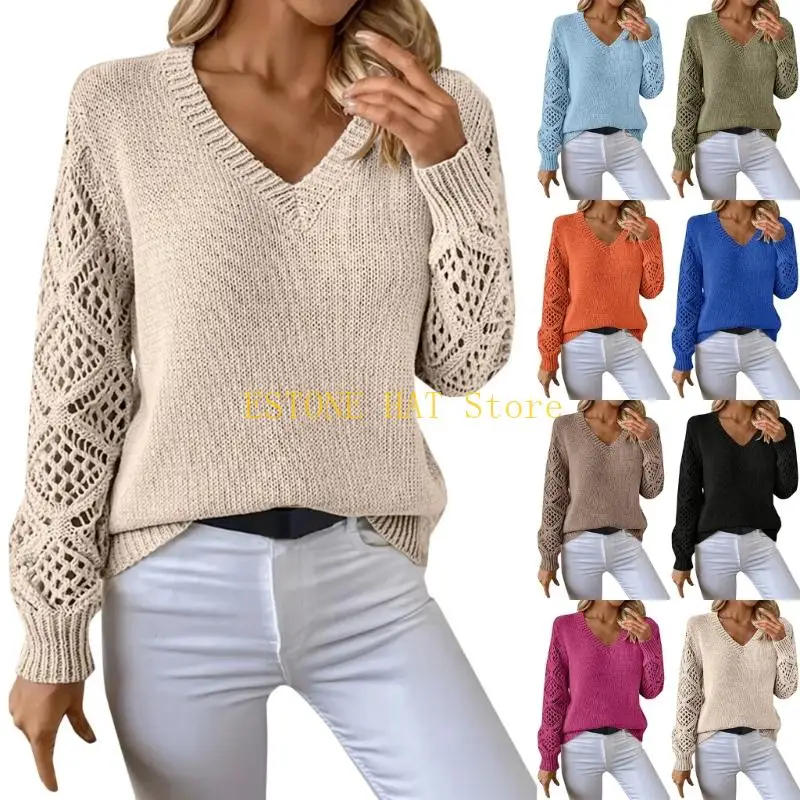 

49MF женский осенний свитер с длинными рукавами и v-образным вырезом, вязаный крючком, повседневный вязаный пуловер с вырезом,