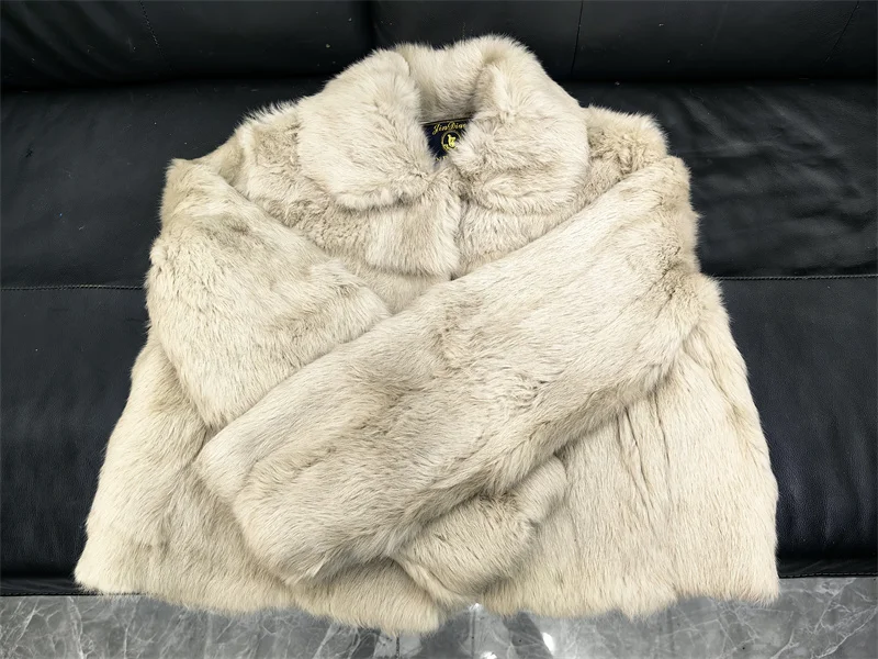 Damska kurtka/płaszcz z prawdziwego futra królika, nowość 2025, koreańska moda damska, czarna, zimowa, ciepła, luksusowa odzież z naturalnego futra.