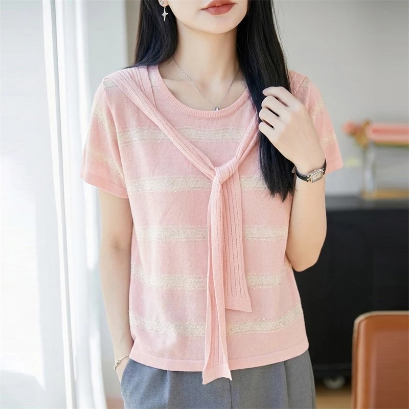 Summer new women's short sleeved round neck knitted linen T-shirt casual striped women's pullover fashionable hot selling