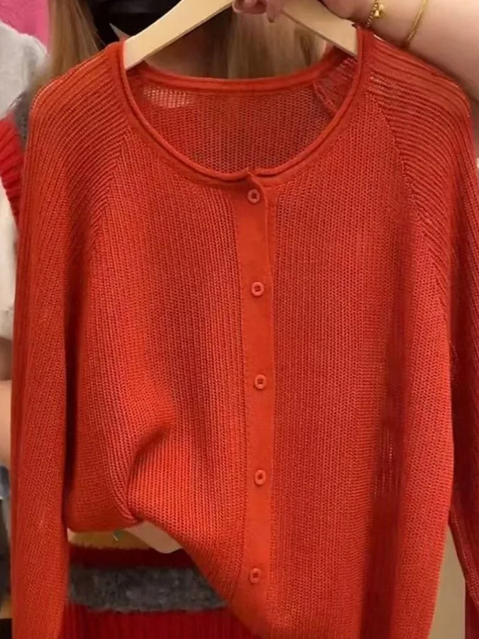 

Red Hollow out Knitted Summer Lightweight round Ne Cardigan Women's Faionable Korean Sle Air Conditioner Cover up Top