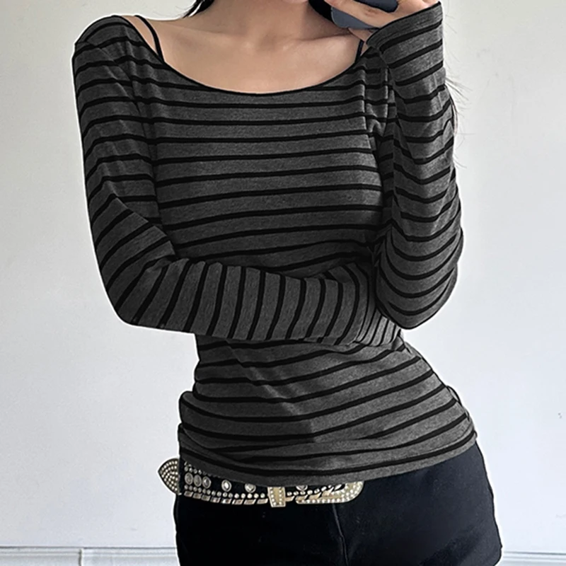 Y2K Long Sleeve Striped T Shirt Women Street Wear Vintage All Match Slim Tees Female Spring Fall American Casual Bottoming Tops