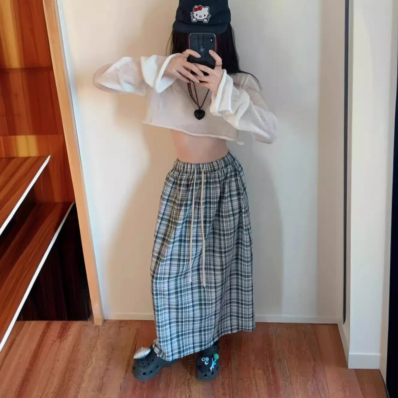 Korean Series Chic Contrast Color Plaid Versatile Skirt for Women Summer 2024 New High Waist Slimming Long A- line Skirt