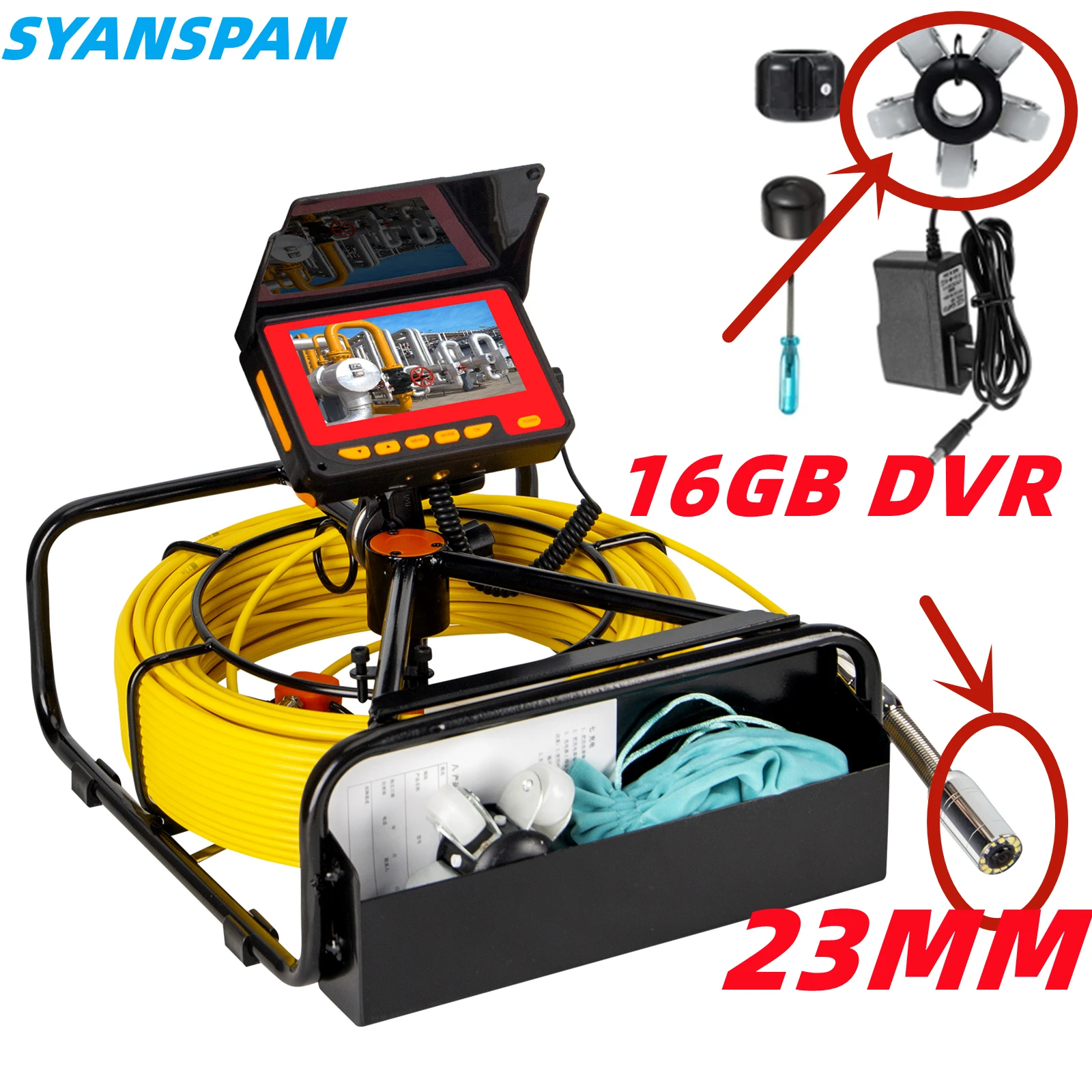 23MM Camera Pipe Inspection Camera with DVR 16GB FT Card,SYANSPAN Sewer Drain Industrial Endoscope 8500MHA Battery 10/20/30/50M