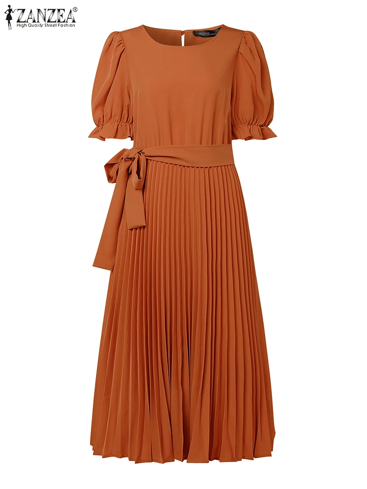 2025 ZANZEA Elegant ผู้หญิง Midi ชุดเดรสฤดูร้อน Sundress O คอสั้นพัฟแขนทํางาน Vestidos Solid A Line Dress Robe