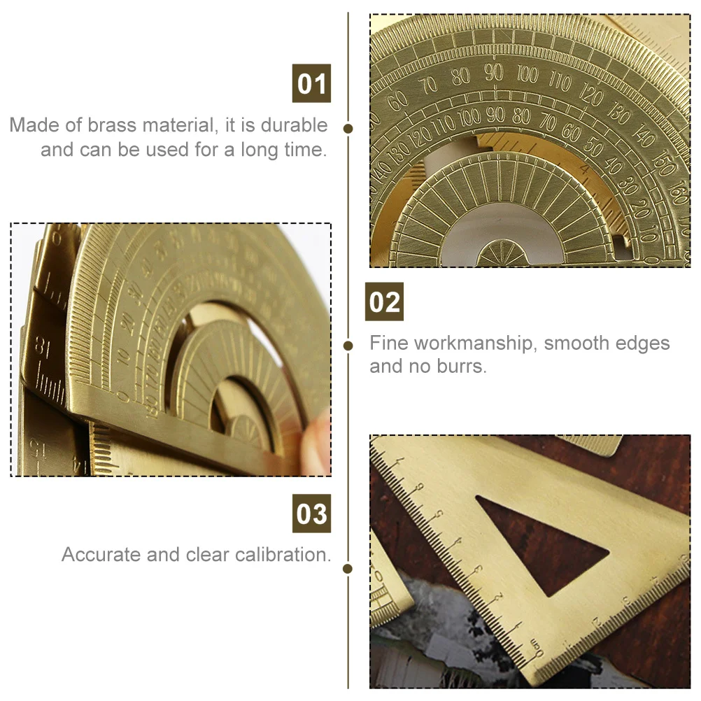1Set Drawing Triangle Ruler Brass Protractor Highgrade Material Clear Scale Portable Lightweight Different Gauges Various