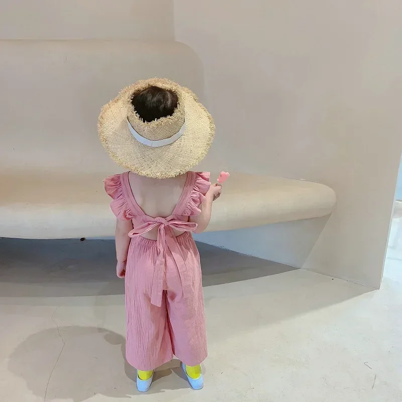 girl temperament fly-sleeve halter bow-knot jumpsuit summer new European  American style cotton children\'s one-piece