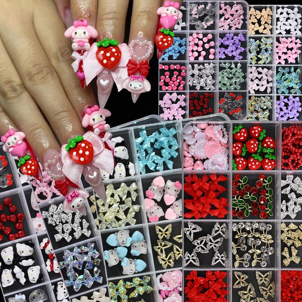 12Girds/Box Y2K Hello Kitty Nagelaccessoires Strik/Kers/Bloem Nail Gem Charms Kawaii Gemengde Manicure DlY Nagelonderdelen voor meisje