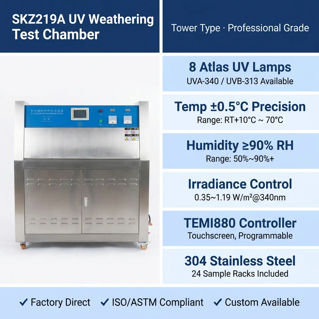 SKZ219A-UV UV Weathering Test Chamber 8 UVA-340 Fluorescent Lamps Dual-Side Irradiation PID Auto Control Touch Screen 0-999H