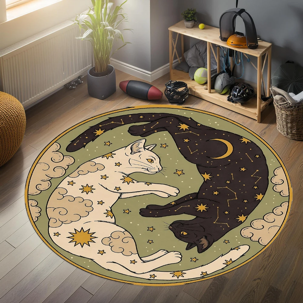 Yin Yang Twin Celestial Cat Star Cloud Constellation graphics Circle Rug,Living Room,Lounge,Hallway Washable Rug Present