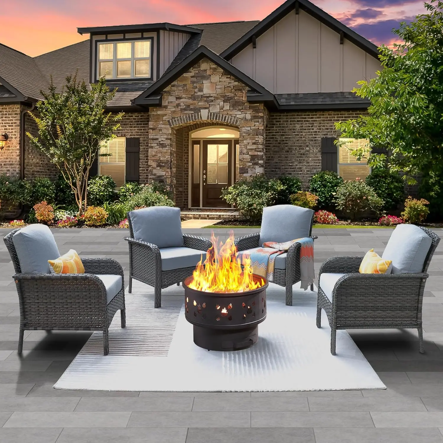 

4 Pieces Patio Furniture Set with Fire Pit Outdoor Wicker Chairs of 4 All Weather High Back Rattan Chairs 4 Seats Grey