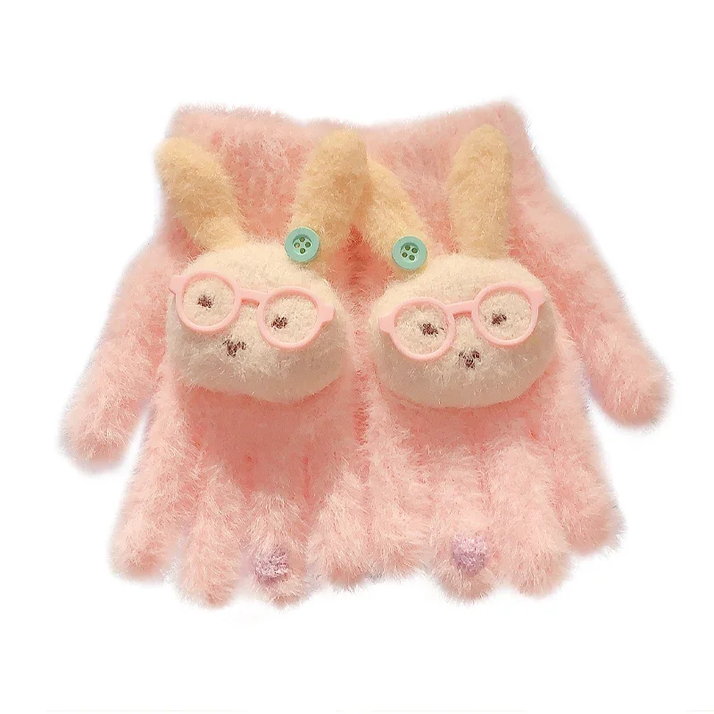 6-10 Y Kids Girls Winter Fluffy Plush Full Finger Gloves Cute 3D Cartoon Animal Glasses Bear Rabbit Cat Fox Warm Knitted Gloves