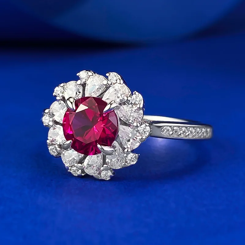 S925 Pure Silver Pigeon Blood Created Ruby Sapphire Flower Shape Ring for Girl Lady Wedding Girl Lady Fine Jewelry