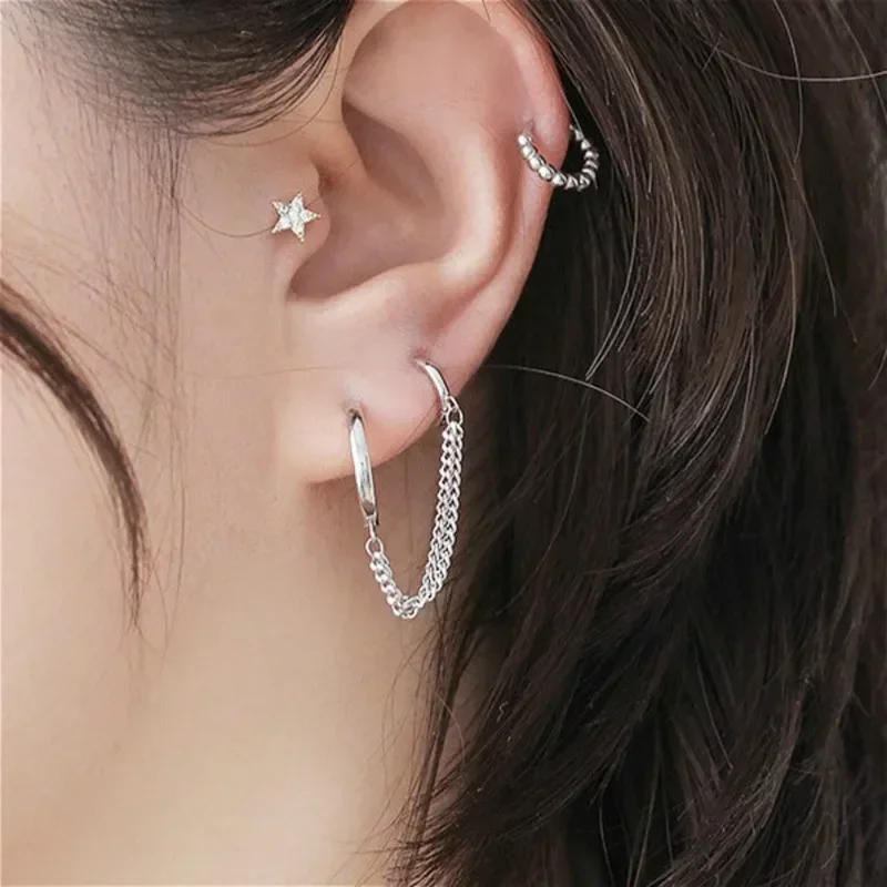 Punk Cool Two Hole Piercing Earrings Gold Silver Color Long Tassel Chain Drop Earrings for Women Fashion Jewelry Gifts Korean