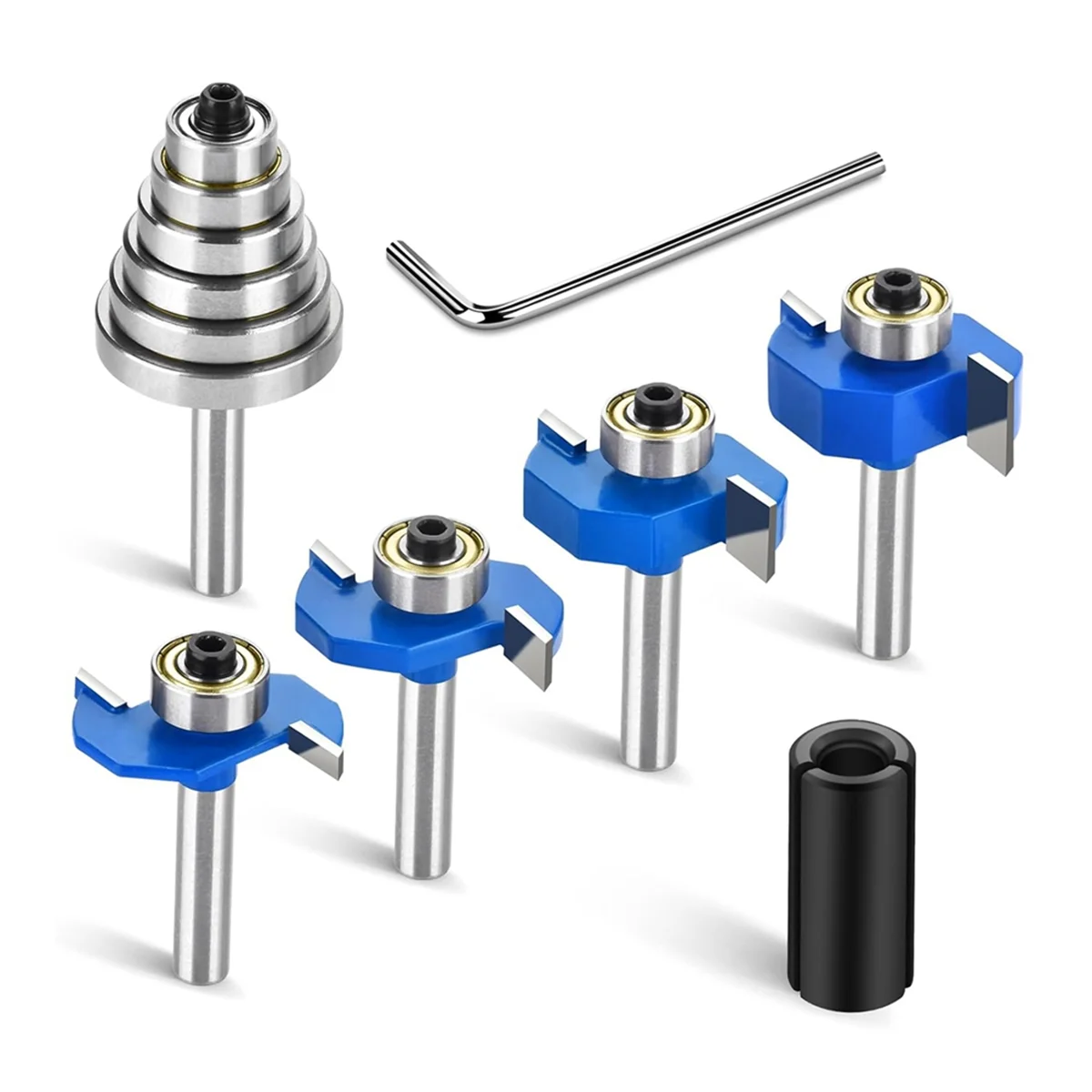 4pcs Router Bits 1/4 Shank with 6 Bearings Set Rabbeting Router Bit for Wood Grooving with 1/2in to 1/4in Router Collet