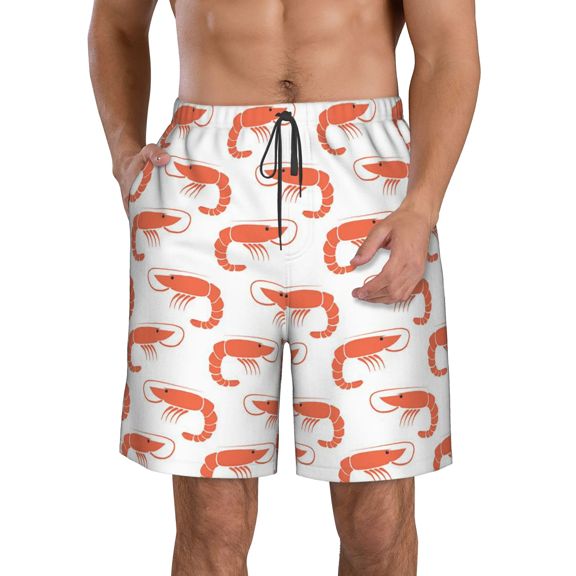 Cartoon Red Shrimp Pattern Trunks Beach Board Shorts Casual Quick Dry Swim Summer Men Pants