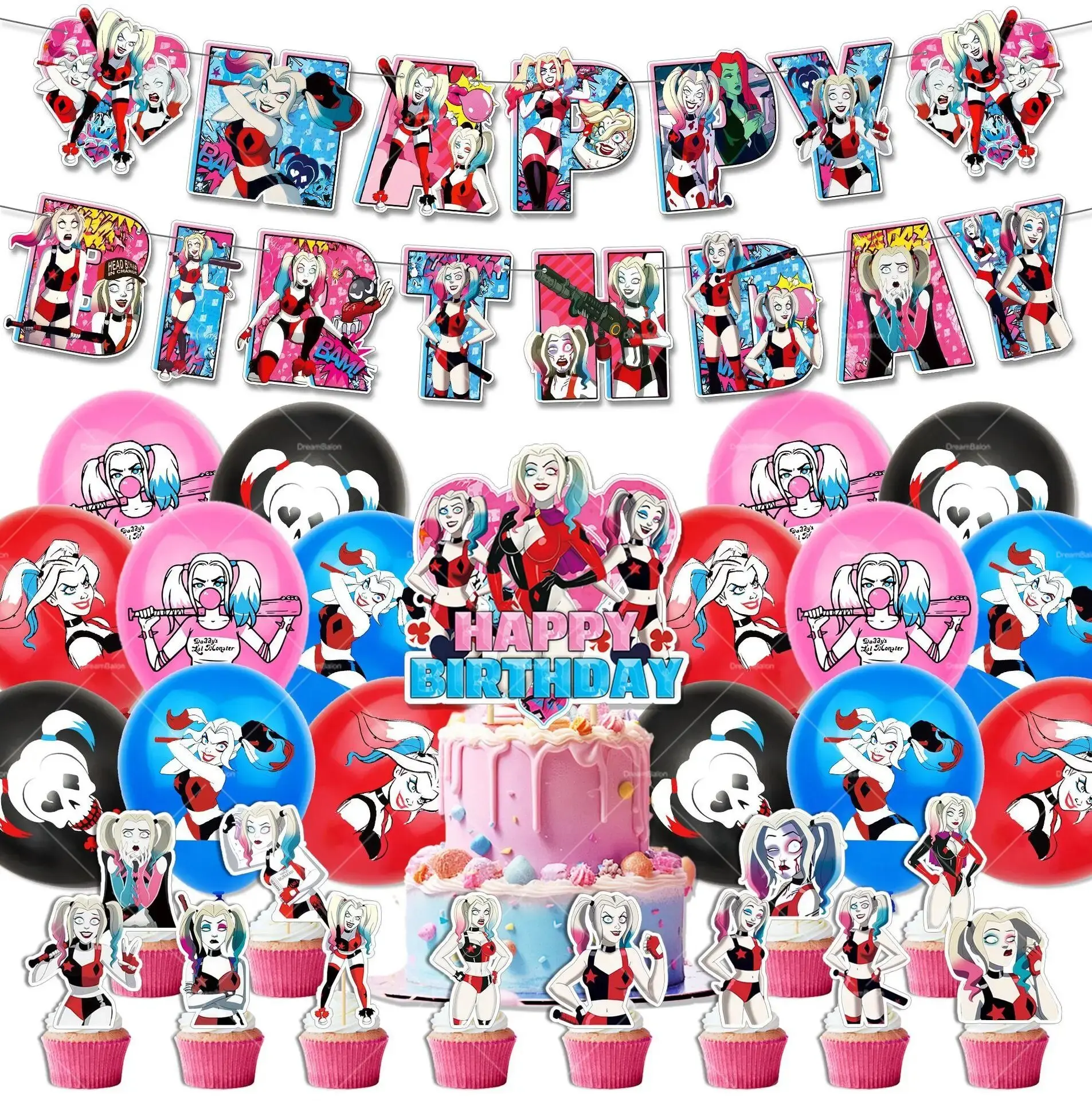 Globos de Harley Quinn, Pegatinas de Quinn, Decoración de Fiesta de Princesa Joker Rosa, Pancarta de Feliz Cumpleaños, Adorno para Pastel, Fondo