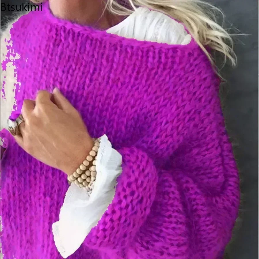 2024 Women\'s Lantern Long Sleeve Knitted Sweater Fluffy Fuzzy Mohair Pullover Top Chunky Knit Solid Oversized Loose Jumper Tops