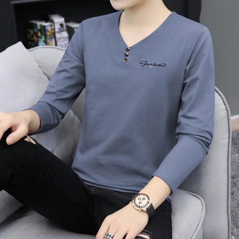 

Men's Long Sleeve T-Shirt V-Neck Base Shirt Trendy Cotton Casual Wearable for Autumn Season Korean Style Bottoming Shirt