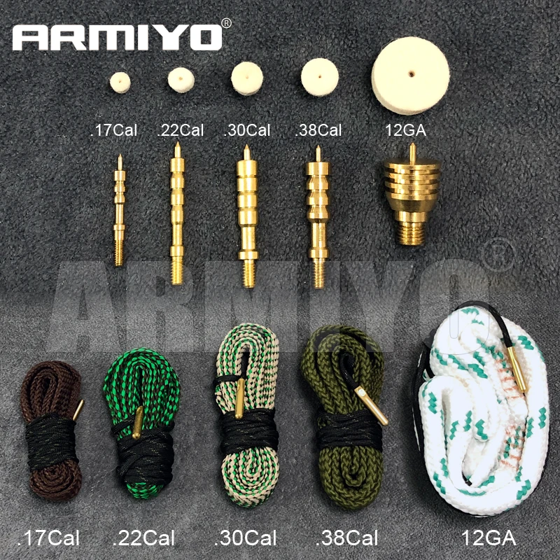 Armiyo Gun Bore Cleaning Rope Built-in Brush Wool Felt Pellets Jag Copper Tip Fit .17Cal .22Cal .30Cal .38Cal 12GA Hunting Clean