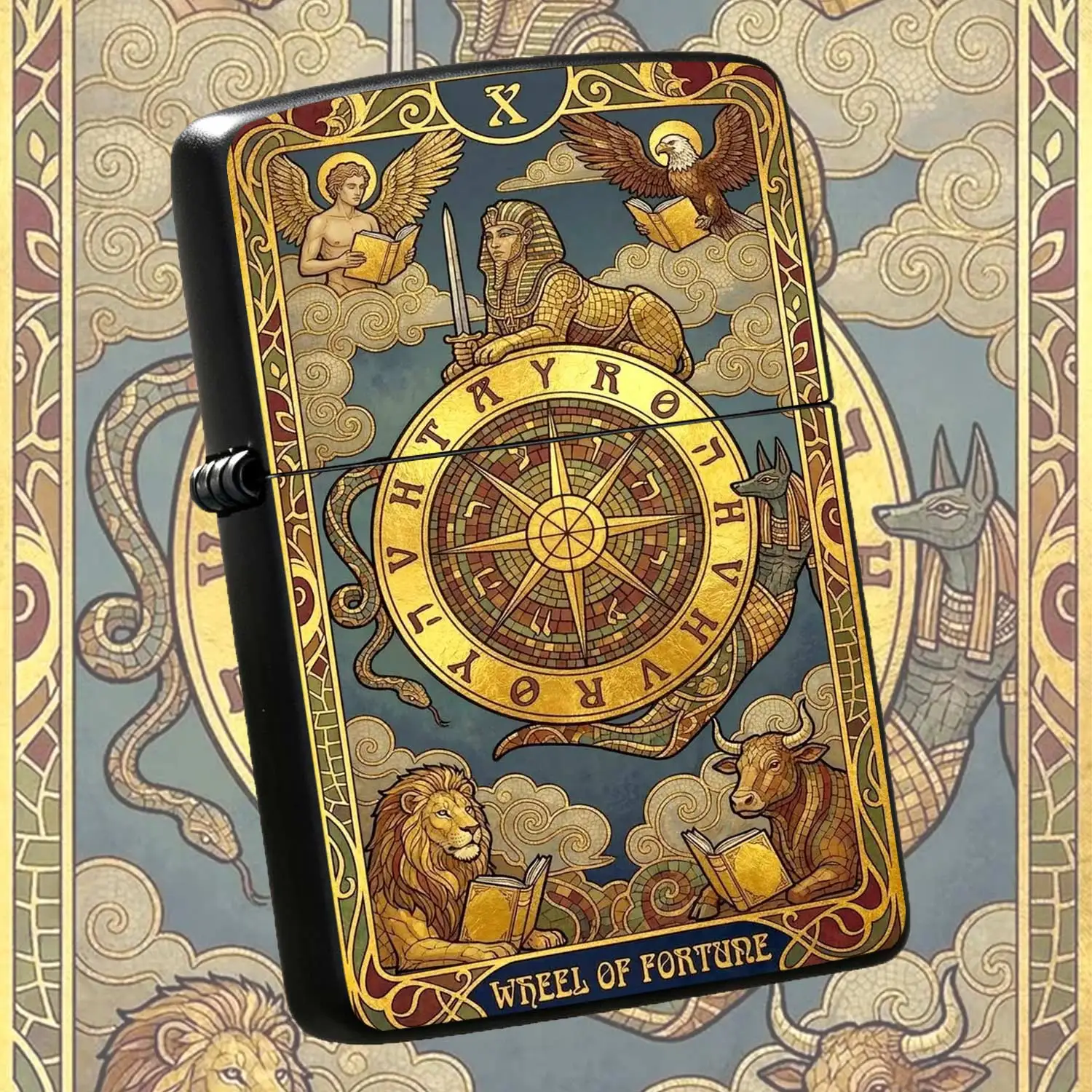 Reusable Flip-top Pocket Windproof Lighter, Tarot Wheel of Fortune Themed Creative Lighter, Embossed Texture Design with Ancient Egyptian Elements, Portable Retro Personalized & Gift Ideal
