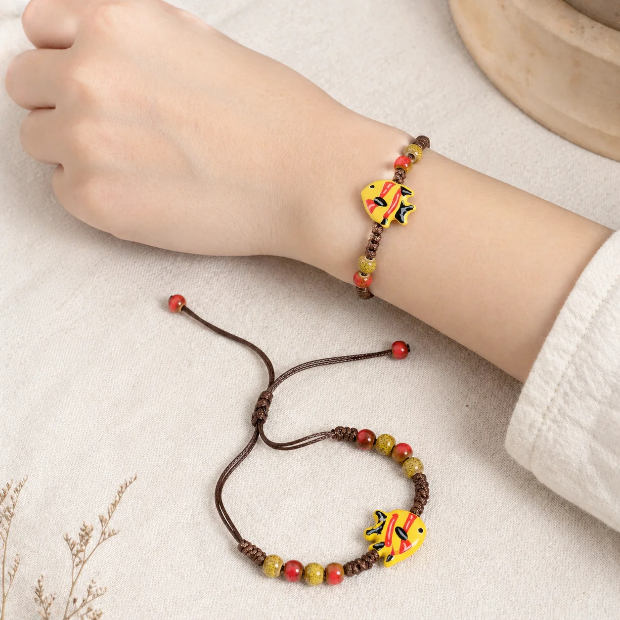 Cute Handmade Ceramic Fish Bracelet Yellow Fish Charm Adjustable Braided Wax Cord Bracelet 12-24cm Colorful Jewelry Gift for Wom