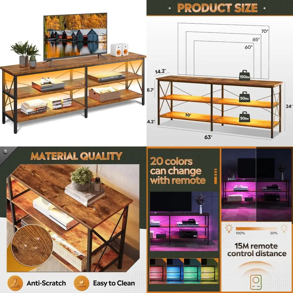 Large 63 Entertainment Center TV Stand for 70 Inch LED TVs, 3-Tier Storage Media Console for Living Room