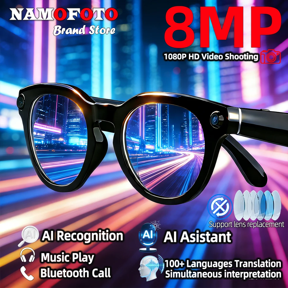 

2026 New AI Smart Glasses 8MP Camera Video Record BT Call Music Play 100+ Languages Real-time Translation Sunglasses Men Women
