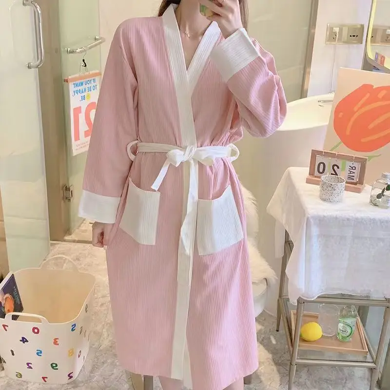 Japanese-style Female Kimono Ladies Thin Cotton Nightgown Women Bathrobe Robe Home Service Long Sleeves Pajamas