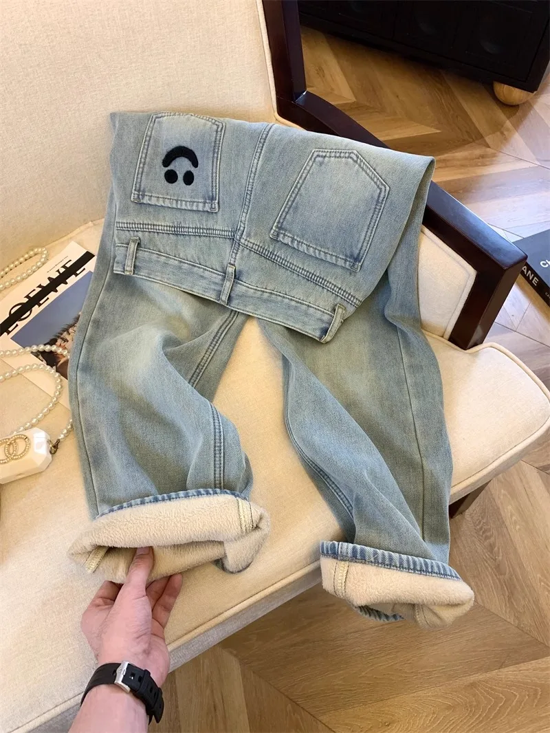 

Женские зимние модные джинсы с высокой талией, на флисовой подкладке, с вышивкой, свободные, широкие, прямого кроя, облегающие брюки