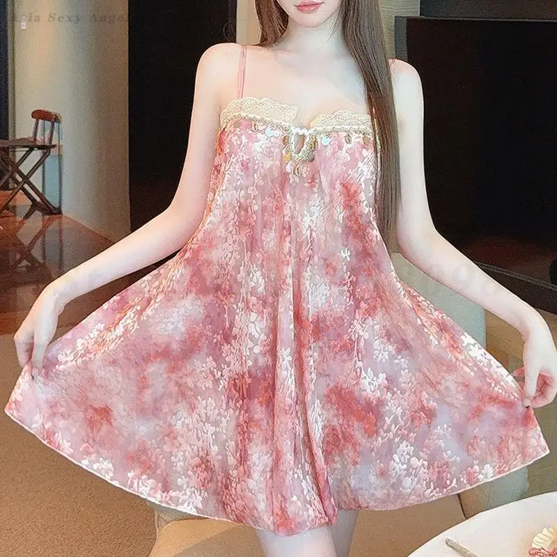 

Sexy Pink Mesh Spaghetti Strap Nightgown Women Exotic Style Sleepshirt Print Home Dressing Gown Mini Perspective Sleepwear
