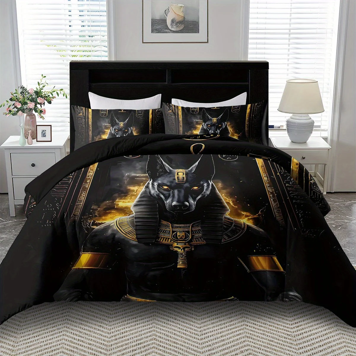 2/3Pcs Egyptian Anubis God Print Duvet Cover Set, 2D Flat Printing King Queen Size Polyester Bedding with Pillowcases