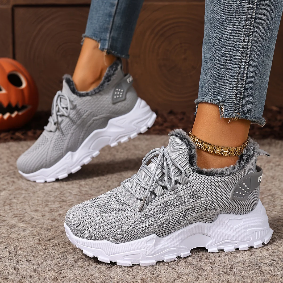 Damen Winter-Thermosneaker aus Strickstoff mit Schnürung, Plüschfutter, rutschfester dicker Plateausohle, Outdoor-Wanderschuhe, Freizeitschuhe – Detail 14