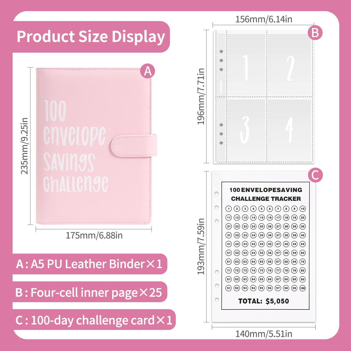 100 Envelope Challenge Binder Save Savings Challenges A5 Loose-Leaf Budget Binder Com Envelopes de Dinheiro Organizador de Dinheiro