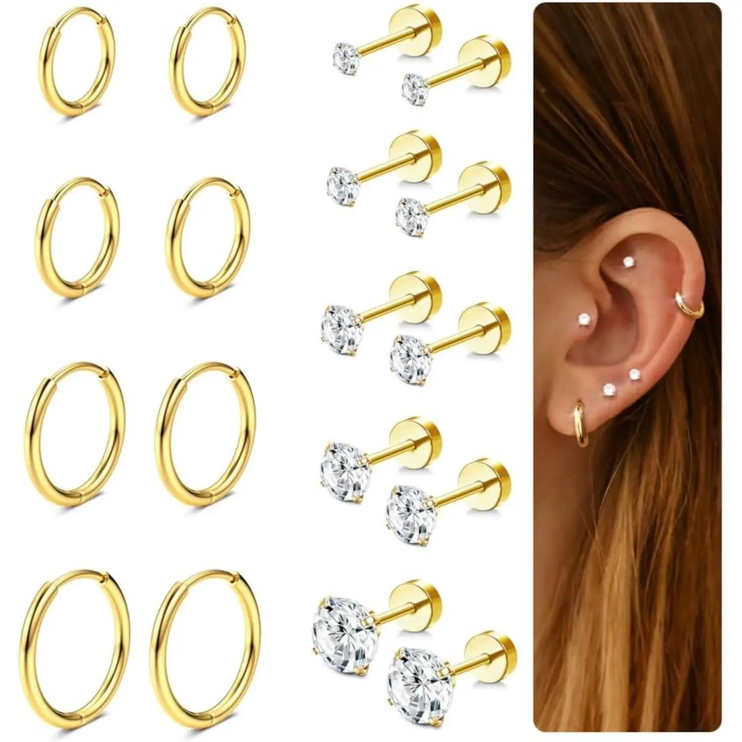 9 Pairs 14K Gold Pl… - image