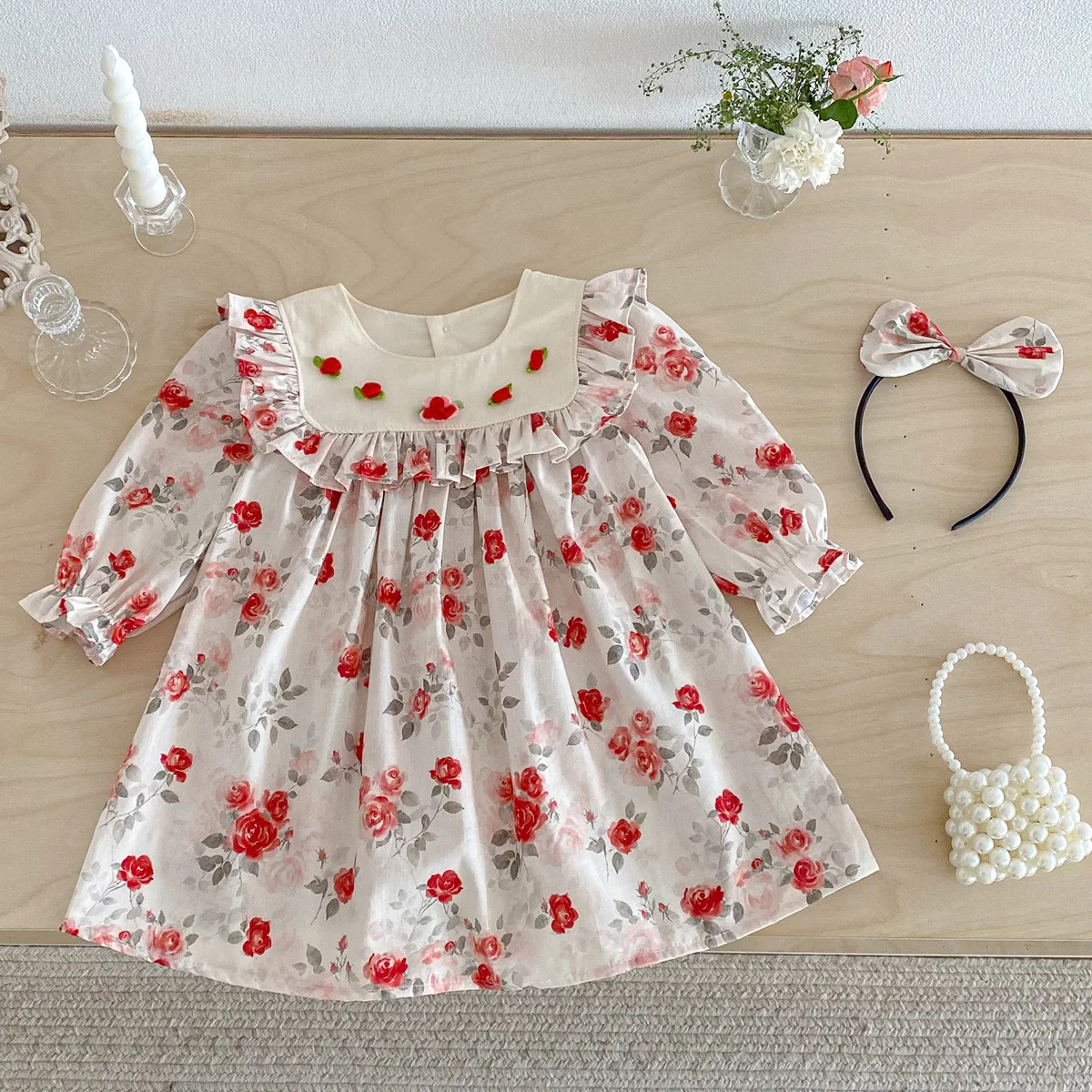2026-spring-toddler-girl-rose-floral-print-dress-korean-style-long-sleeve-ruffle-collar-princess-dress-casual-daily-outfit