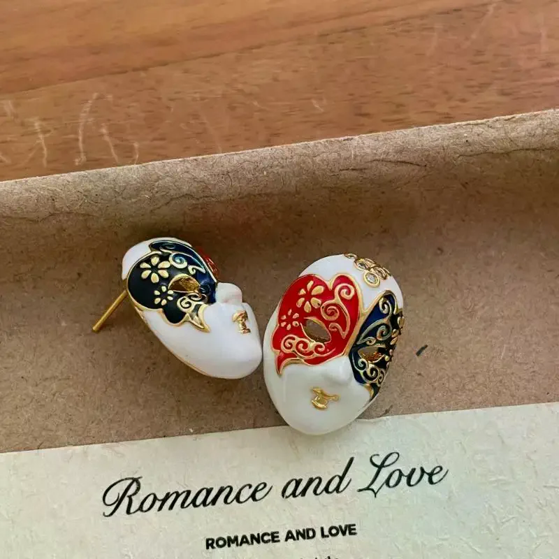 Unique Design Multicolor Enamel Mask Facial Make-up Face Drop Earrings For Women Real Gold Plated Alloy Statement Jewelry