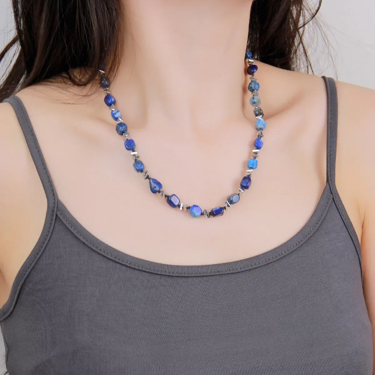 الحجر الطبيعي العقيق كسر الفضة بلورات الملونة الخرزة قلادة المرأة الخفيفة الفاخرة قسط أصول سلسلة الترقوة #6