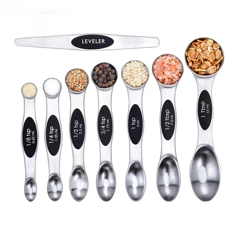 Magnetic Measuring Spoons Set of 8 with Leveler Stainless Steel Dual Sided for Measuring Dry and Liquid Ingredients Spoons