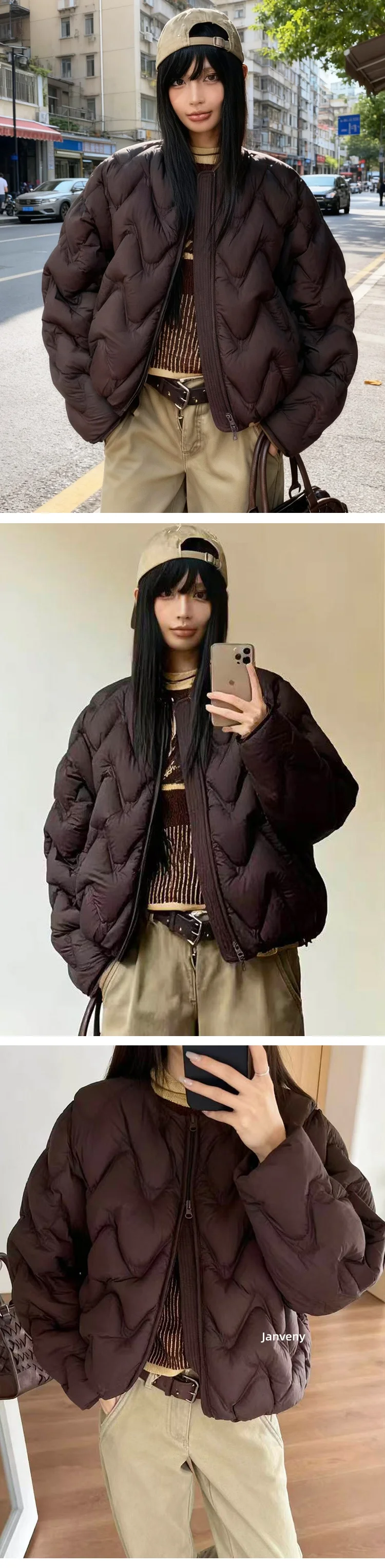 New 2026 Autumn Winter Lightweight Wave Quilted Puffer Jacket Women Loose Round Neck Short White Duck Down Coat Outwear