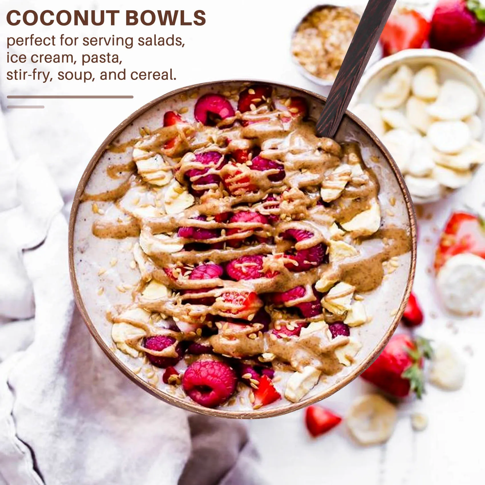 

AT05-Coconut Bowl Set Handmade Coconut Shell Tableware Wood Spoon Dessert Fruit Salad Mixing Bowl Rice Ramen Bowl 12Pcs