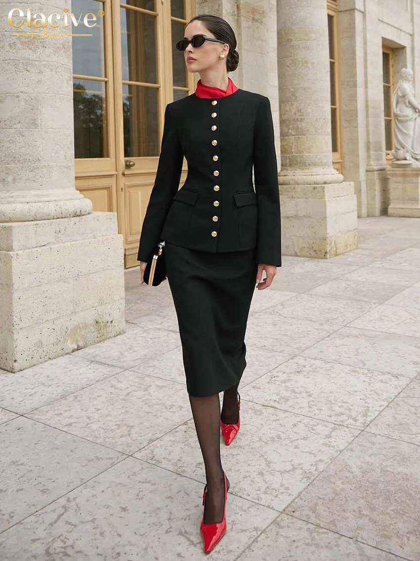 

Clacive Fashion Loose Black Office Women's Two Pieces Set 2026 Spring Long Sleeve Shirt With High Waist Long Skirt Set Female