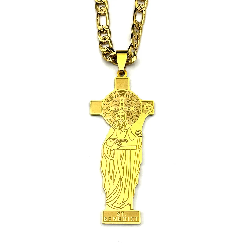 الكاثوليكية سانت بنديكت الصليب قلادة قلادة للنساء الرجال الفولاذ المقاوم للصدأ مطلية بالذهب سان بينيتو الهيب هوب سلسلة تميمة المجوهرات