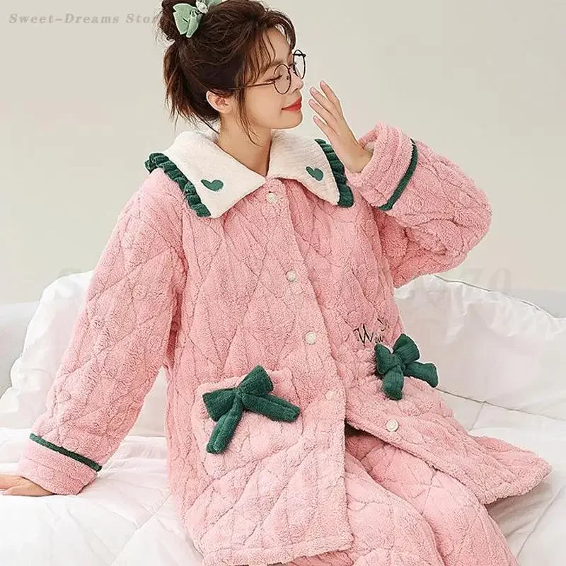 

Женская одежда для сна из кораллового флиса, зимний утепленный фланелевой пижамный комплект, свободная повседневная домашняя одежда, Pijama Mujer, розовая милая ночная рубашка