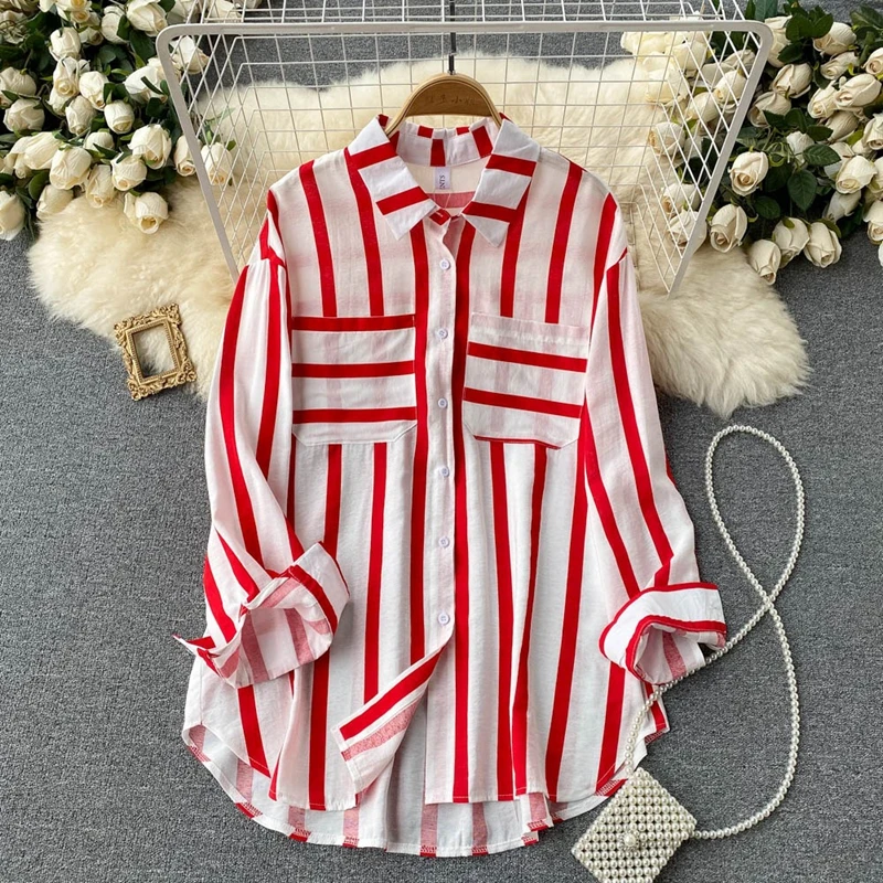 2024 Autumn New Mid to Long Vertical Striped Shirt Jacket Women's Korean Casual Loose Collar Versatile Top