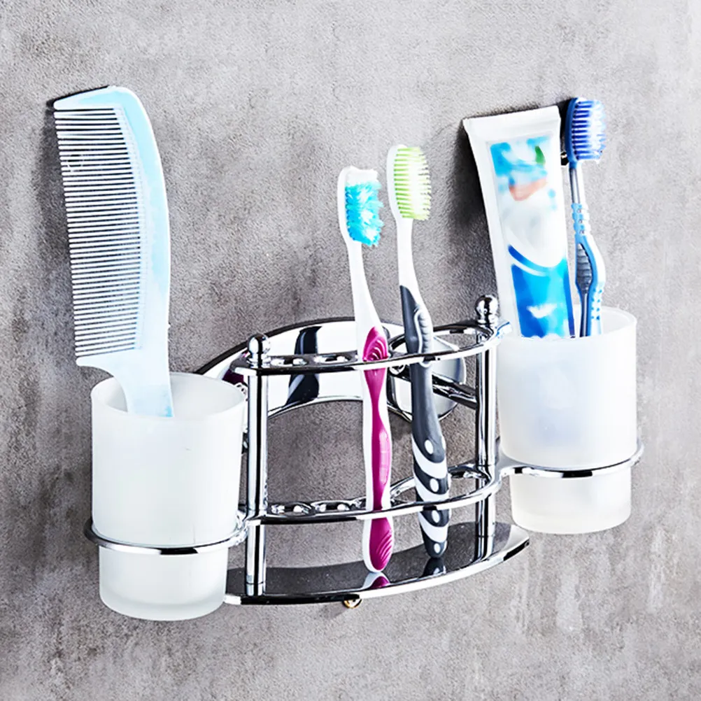 

Stainless Steel Toothbrush Holder Double Cup Wall Mounted Bathroom Toothpaste Rack Gargle Cup Holder Space Saving Hygienic
