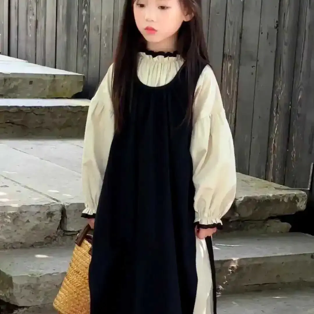Koreanischer Stil Herbst Lässiges Spitzenkleid mit Langen Ärmeln + Überwurf Zweiteiliges Set für Mädchen 2-7 Jahre Tägliche Kleidung – Detail 2